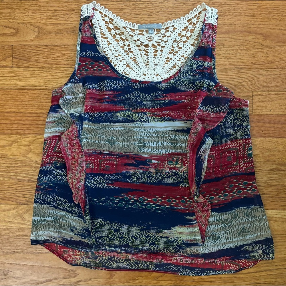 NY Collection Blouse Women’s Large Multicolor Sleeveless Crochet Ruffles Lined